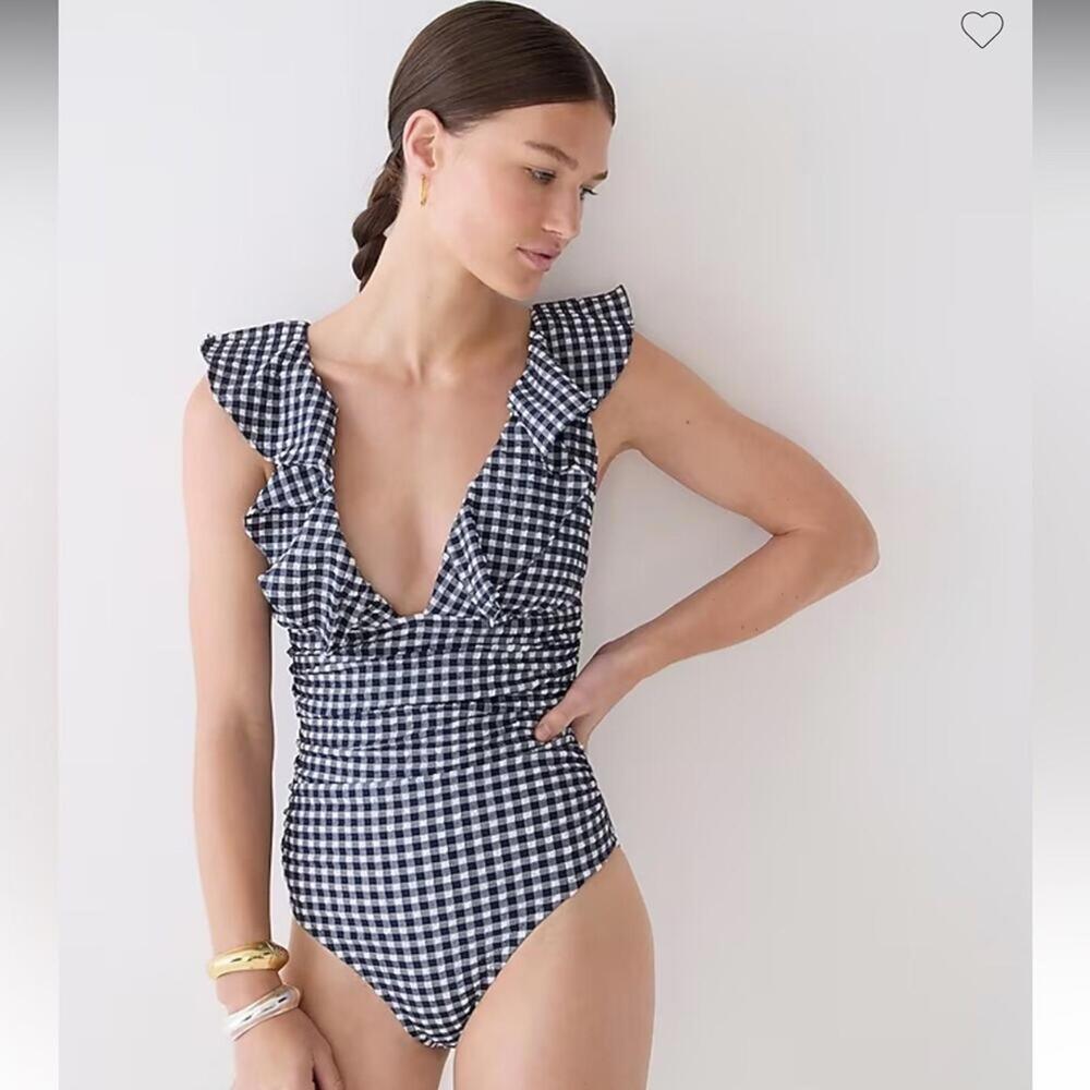 🆕 J. Crew Gingham Ruffle One Piece Navy 18 Deep V Sexy Fan Fav Sold Out NEW NWT